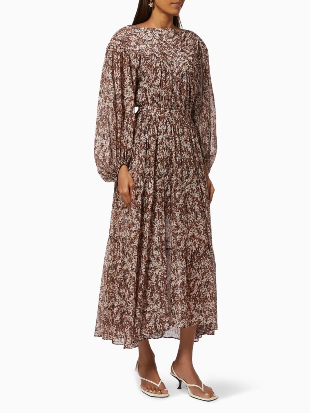 Shona Joy Grace Pin Tuck Tiered Midi Dress Brown Floral Cottagecore Prairie 2